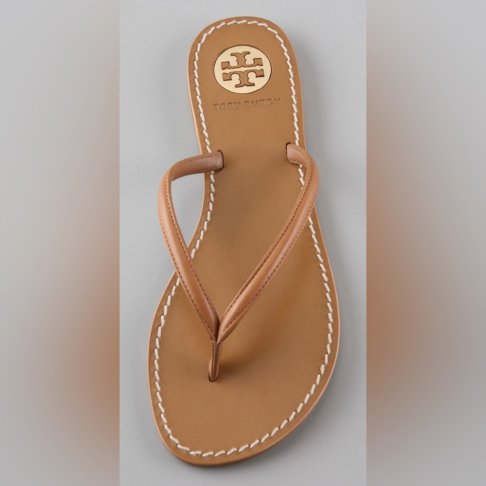 Tory Burch Tan Leather Thong Sandals with White Stitching